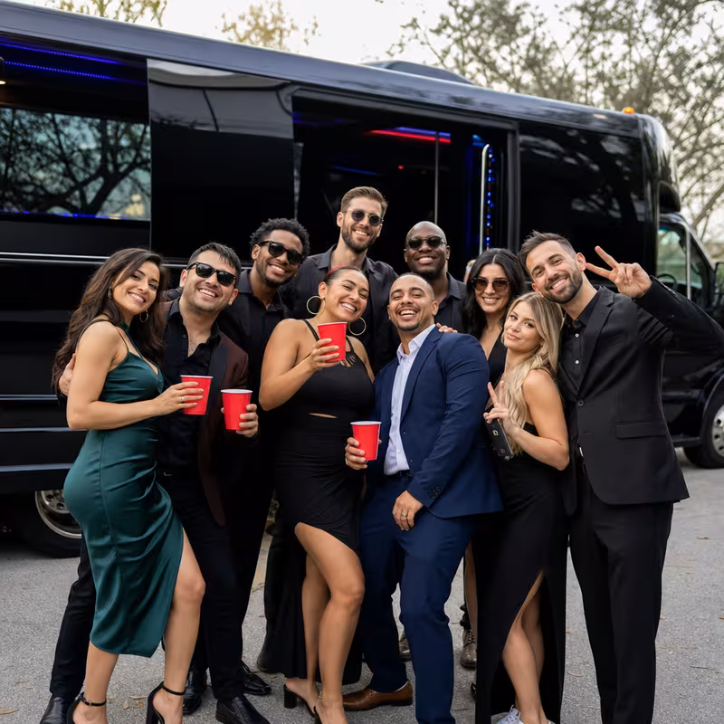 Group boarding a white charter bus for Birthday Transportation transportation in Union