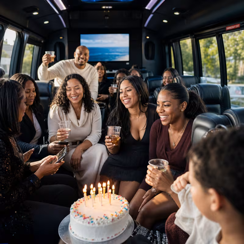 Black Mercedes Sprinter van staged for an Union Birthday Transportation group