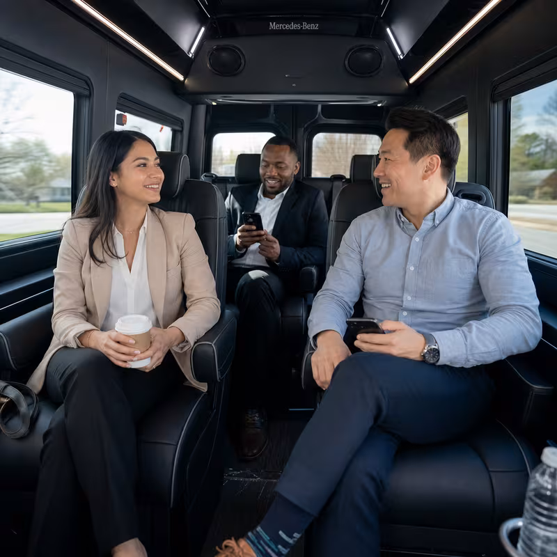 Group boarding a white charter bus for Corporate Transportation transportation in Union