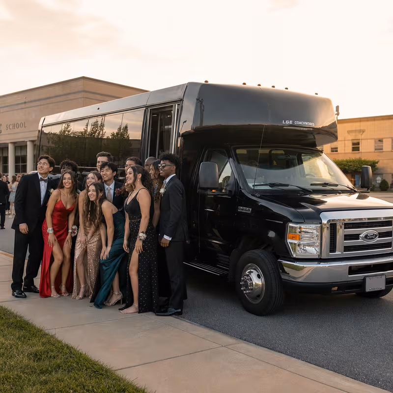 Group boarding a white charter bus for Prom & Homecoming Transportation transportation in Union