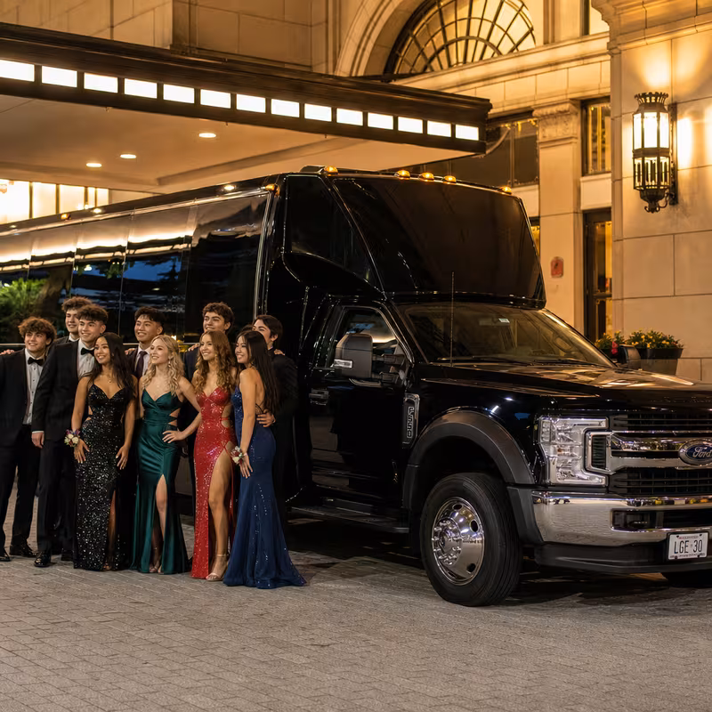 Party bus interior with wraparound leather seating and LED lighting in Union